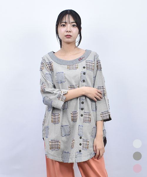 drug store's フリンジパッチワーク 飾りボタン 衿刺繍 7分袖 かぶりシャツ