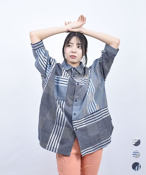 drug store's スタンディ刺繍 ハギハギ 7分袖 BIGシャツ