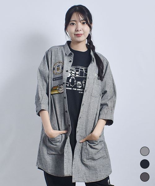 drug store's ウエスト切替 ワッペン付き 7分袖 ギンガム ロングシャツ