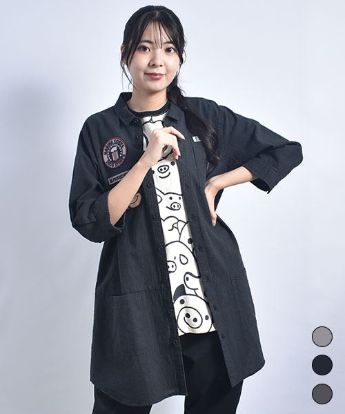 drug store's ウエスト切替 ワッペン付き 7分袖 ギンガム ロングシャツ