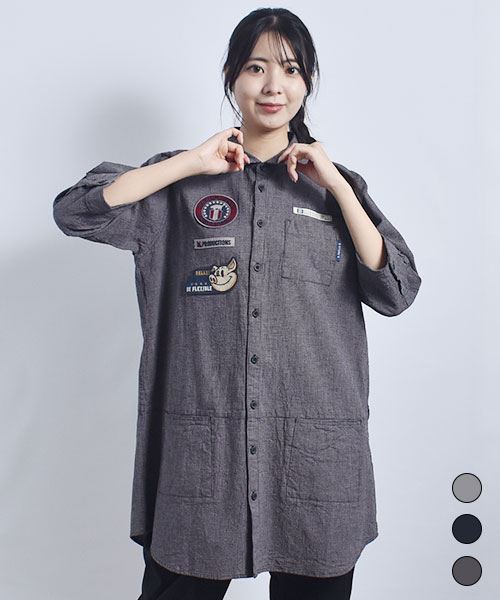 drug store's ウエスト切替 ワッペン付き 7分袖 ギンガム ロングシャツ