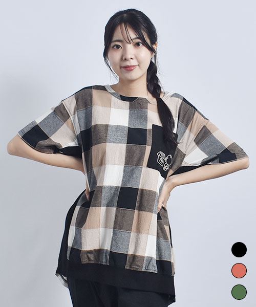 drug store's 脇マチ付き ブタ刺繍 チェック シャツ