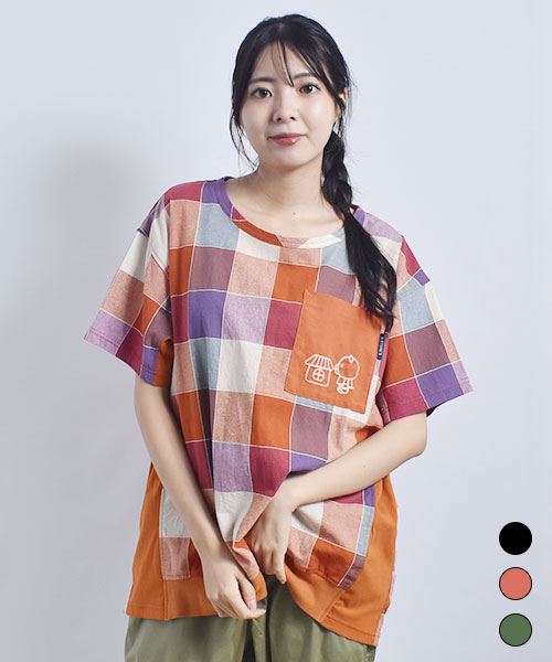 drug store's 脇マチ付き ブタ刺繍 チェック シャツ