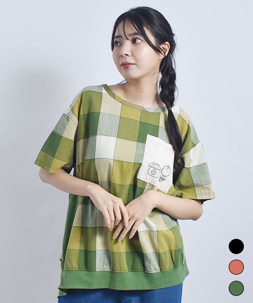 drug store's 脇マチ付き ブタ刺繍 チェック シャツ