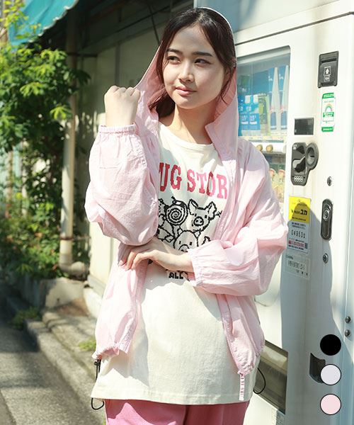 drug store's 60/-ローン ブタ刺繍 ギャザー パーカー