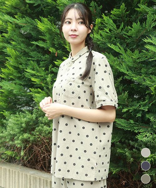 drug store's ドット柄プリント チビ衿 袖口ギャザー ブラウス