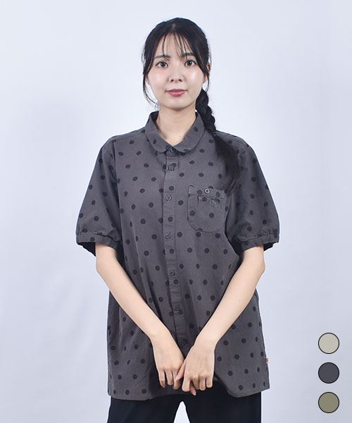 drug store's ドット柄プリント チビ衿 袖口ギャザー ブラウス