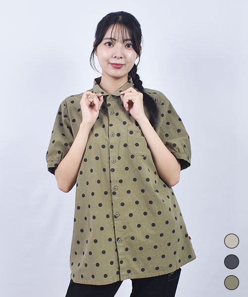 drug store's ドット柄プリント チビ衿 袖口ギャザー ブラウス