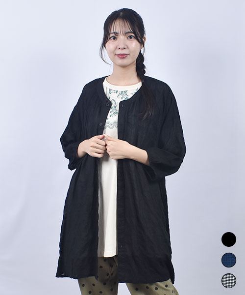 drug store's C/レーヨンシャーリング 衿なし 配色 前後ギャザー チュニック