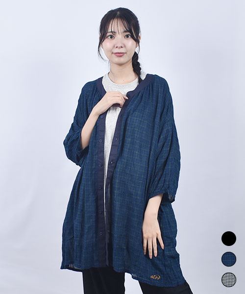 drug store's C/レーヨンシャーリング 衿なし 配色 前後ギャザー チュニック