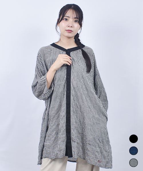 drug store's C/レーヨンシャーリング 衿なし 配色 前後ギャザー チュニック