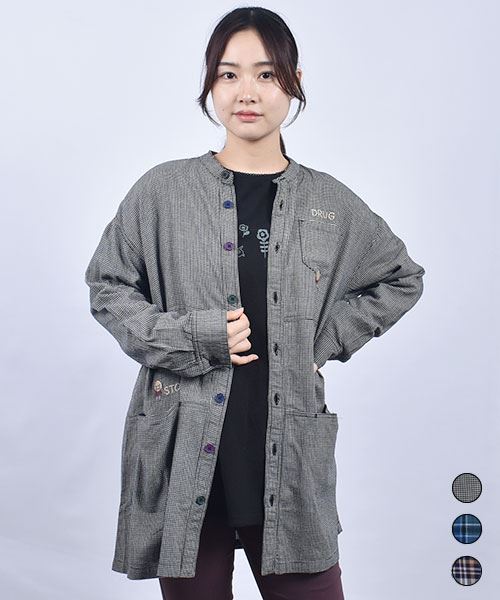 drug store's スタンディ刺繍 スタンドカラー 3段切替 シャツチュニック