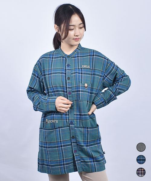 drug store's スタンディ刺繍 スタンドカラー 3段切替 シャツチュニック