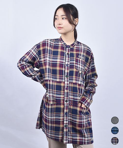 drug store's スタンディ刺繍 スタンドカラー 3段切替 シャツチュニック