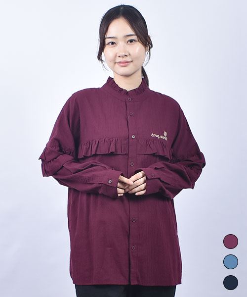 drug store's スタンドカラー フリル ブラウス