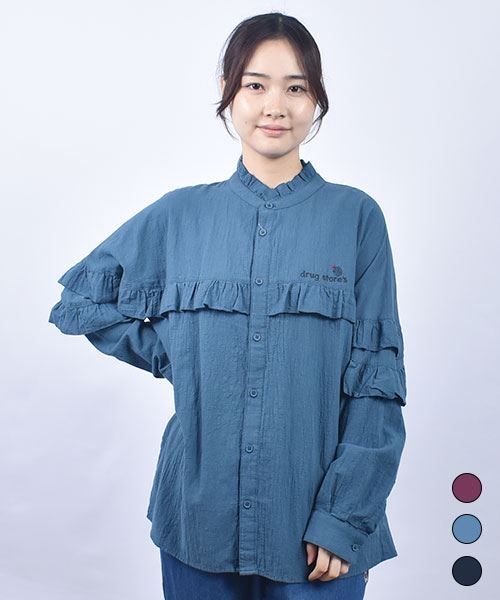 drug store's スタンドカラー フリル ブラウス