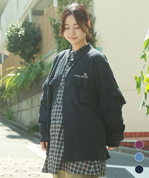 drug store's スタンドカラー フリル ブラウス