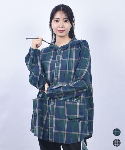 drug store's チェック スタンディ＆ハートン刺繍 シャツ パーカー