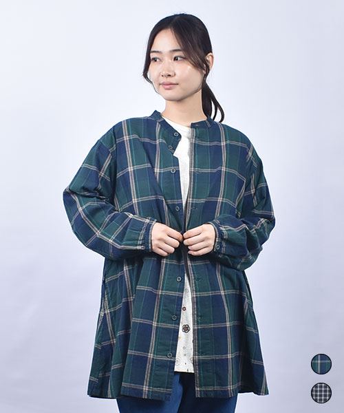 drug store's チェック スタンドカラー ヨコピンタック入り 刺繍 チュニック