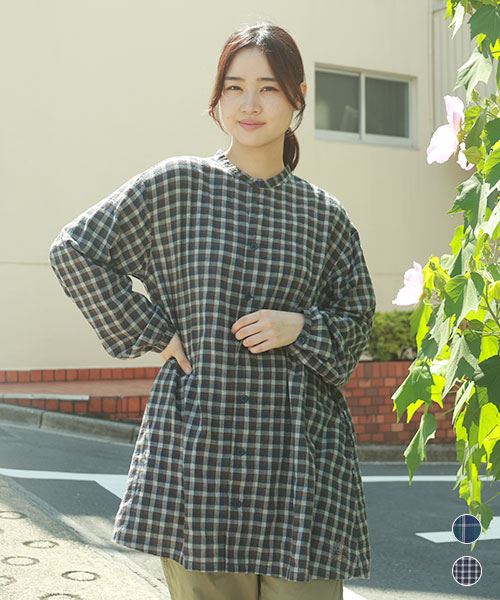 drug store's チェック スタンドカラー ヨコピンタック入り 刺繍 チュニック