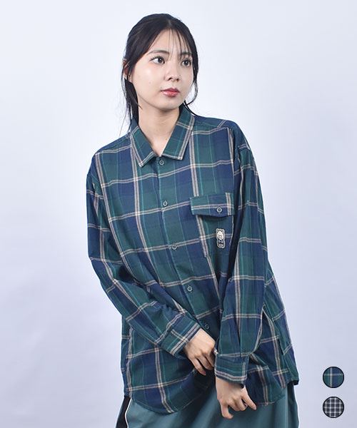 drug store's チェック 袖ヒヅメ ブタワッペン ハマカラー レギュラー シャツ