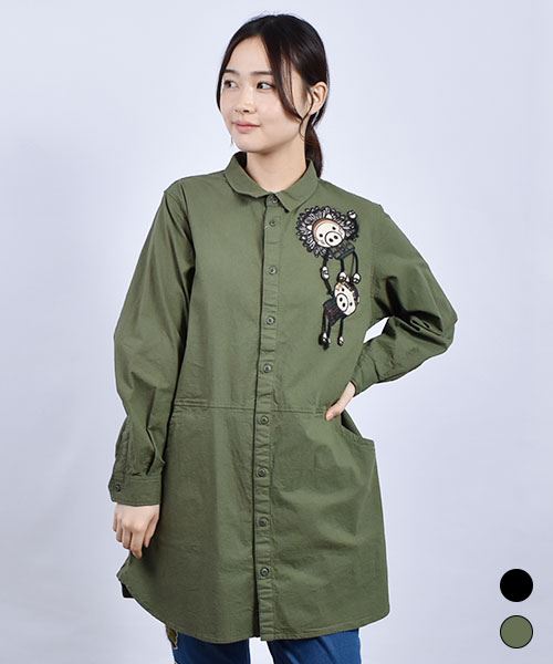 drug store's 裾ラウンド 手足ぶらぶらブタ刺繍&アップリケ シャツチュニック