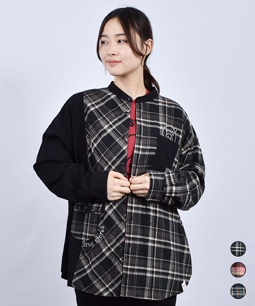 drug store's スタンドカラー スタンディ刺繍 アシンメトリー チェック BIG シャツ