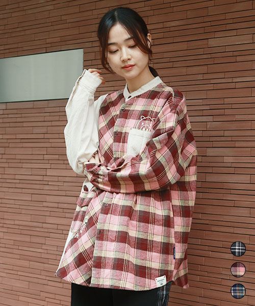 drug store's スタンドカラー スタンディ刺繍 アシンメトリー チェック BIG シャツ