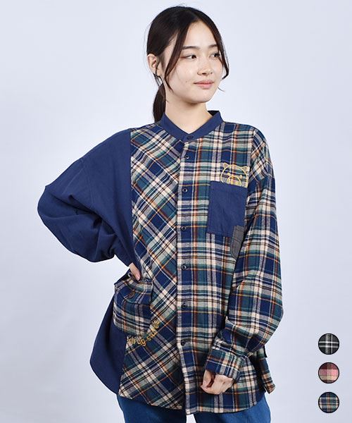 drug store's スタンドカラー スタンディ刺繍 アシンメトリー チェック BIG シャツ