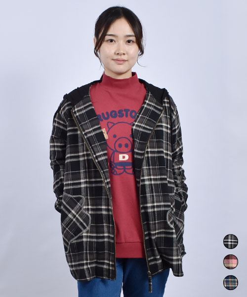 drug store's ブタアップリケポケット チェック シャツパーカー