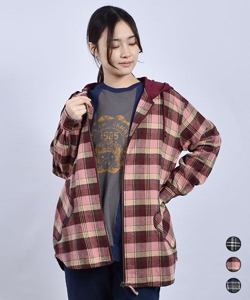 drug store's ブタアップリケポケット チェック シャツパーカー