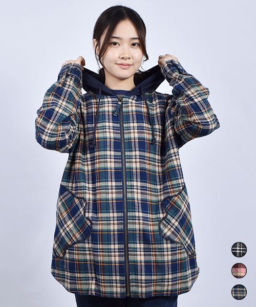 drug store's ブタアップリケポケット チェック シャツパーカー