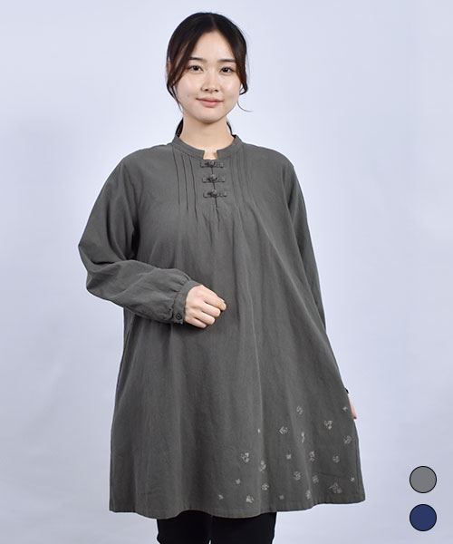 drug store's スタンドカラー 花刺繍 チャイナボタンつき チュニック