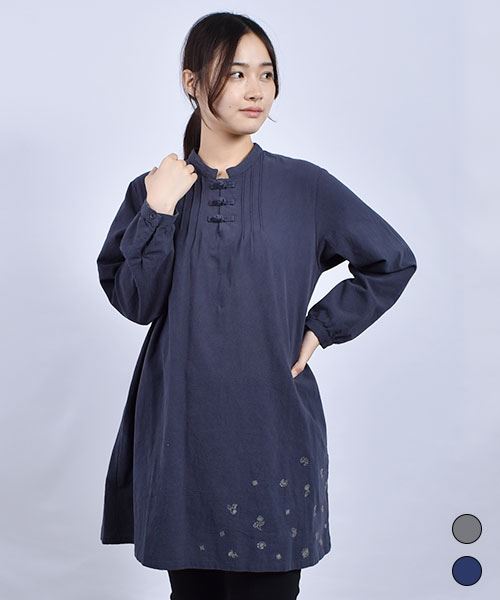 drug store's スタンドカラー 花刺繍 チャイナボタンつき チュニック