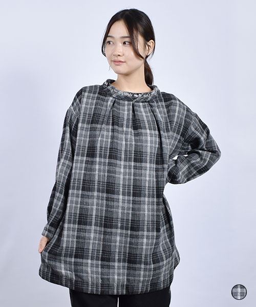 drug store's 衿刺繍 2WAY チェック チュニック