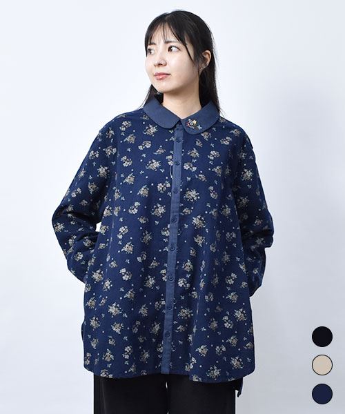 【チュニック】 花柄 チビ衿 チュニック