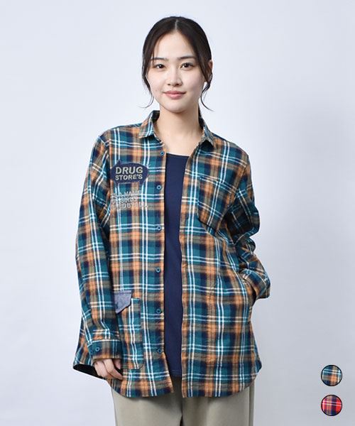 【シャツ】 重ね着風 チェック シャツ