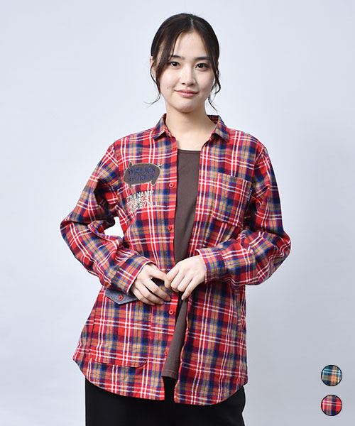 【シャツ】 重ね着風 チェック シャツ
