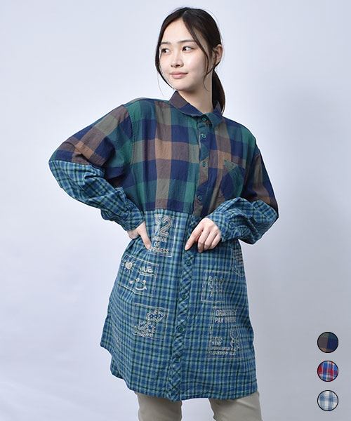 【シャツ】 切替 ダブル チェック シャツ