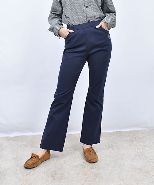 drug store's ブタ刺繍 フレア ロング ストレッチパンツ