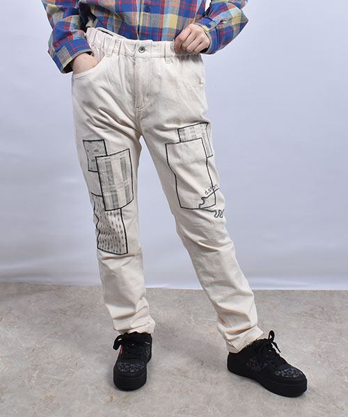 drug store's ツイル インディゴデニム アップリケ パンツ