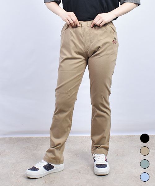 drug store's さくらんぼ刺繍 ひんやり ストレッチ ストレートパンツ