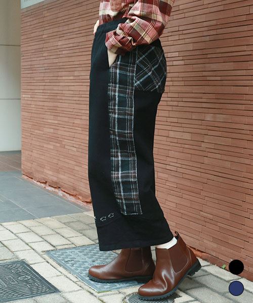 drug store's 脇チェック ブタ刺繍 波型切替 ワイドパンツ