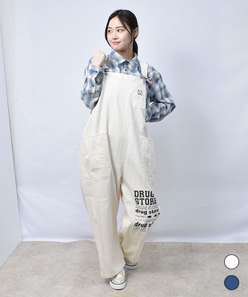 【オーバーオール】 プリント デニム オーバーオール