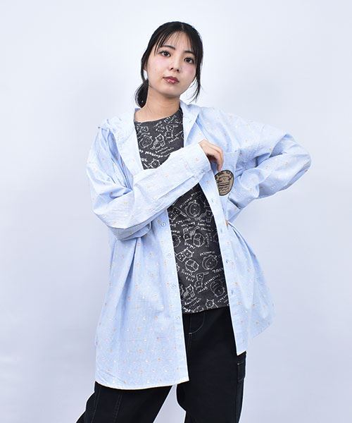 mof manul チェックストライプ ワッペンつき フードシャツ