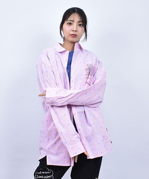 mof manul チェックストライプ Candyhousuプリントワッペン シャツ