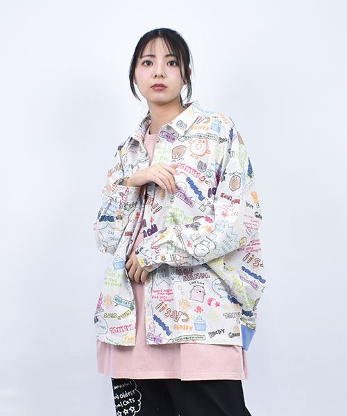 mof manul TC布帛 後裾リブ 総柄プリント ワイドシャツ