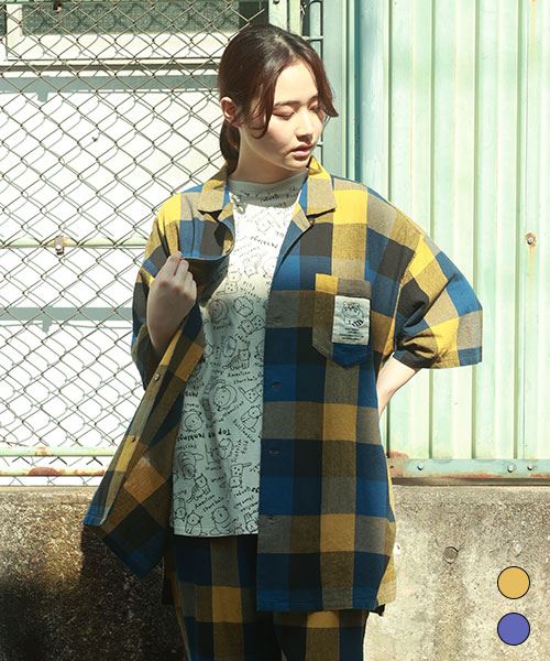 mof manul チェック ネコプリントポケット バックロゴ刺繍 オープンカラーシャツ