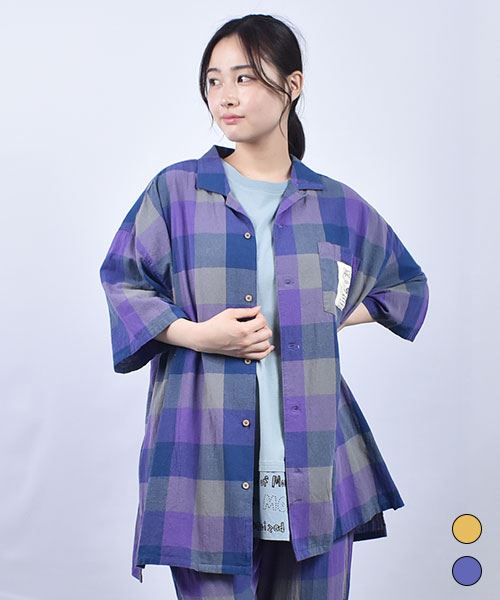 mof manul チェック ネコプリントポケット バックロゴ刺繍 オープンカラーシャツ