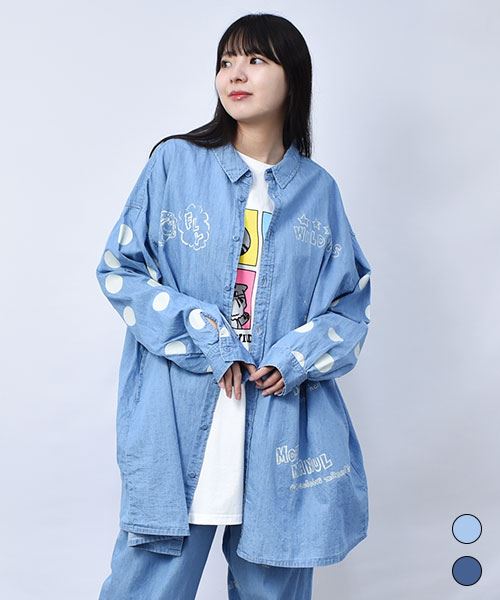 【シャツ】 らくがき風 デニムドット シャツチュニック